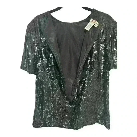 Talbots Vintage 100% Silk Black Sequin Round Neck Short Sleeve Blouse, sz Small - Picture 7 of 11